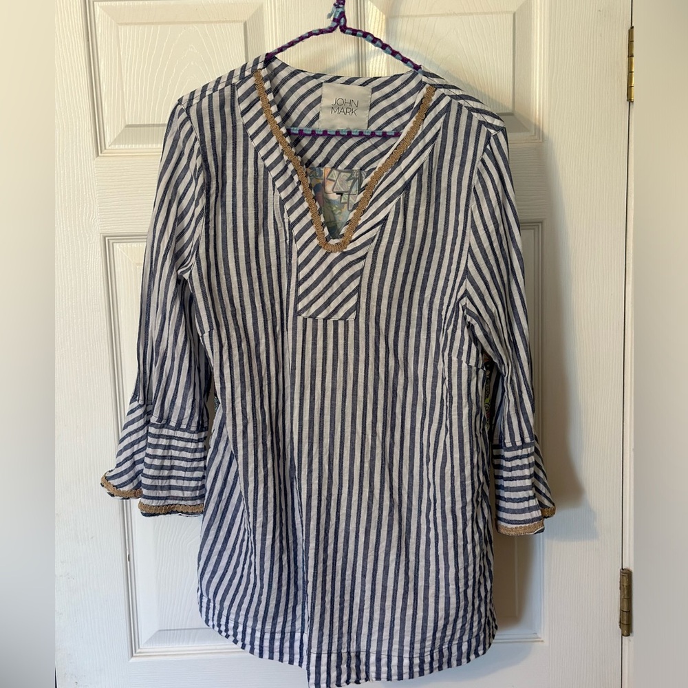 V neck tunic striped multi fabric top from John Mark, size L - Picture 2 of 4
